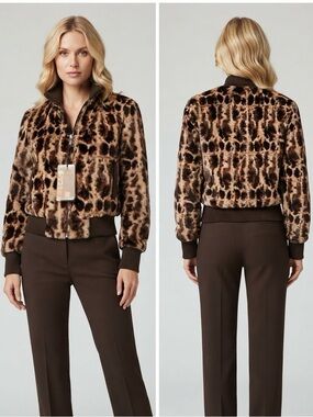 NWT WOMEN'S‎ FAUX FUR ZIPPED JACKET ANIMAL PRINT SHORT BOMBER LINED STAND COLLAR